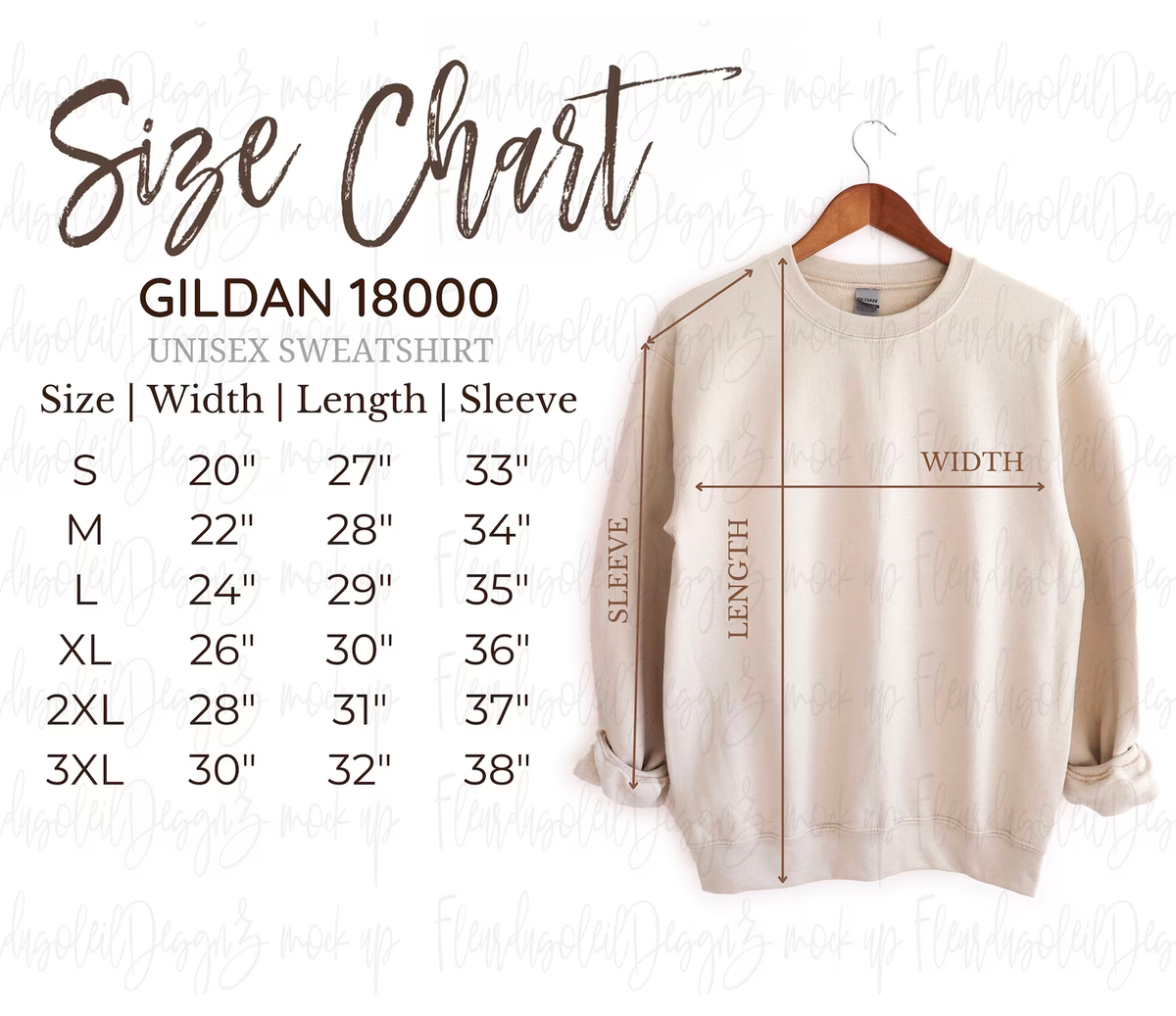 Cream-colored Gildan 18000 unisex sweatshirt with size dimensions labeled for width, length, and sleeve length.