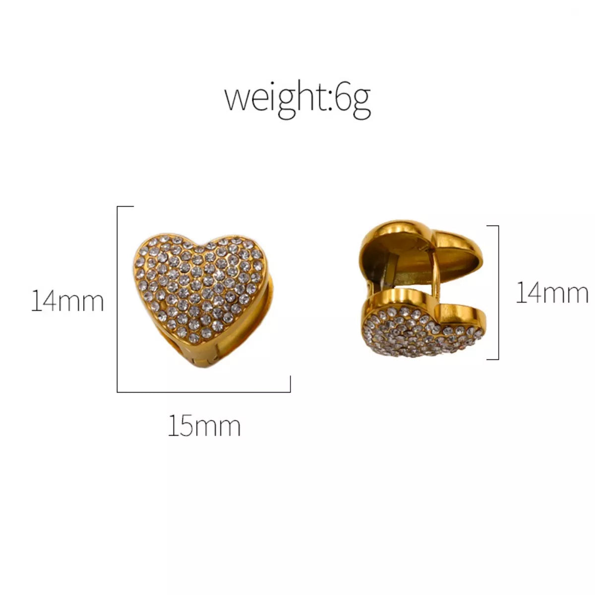 Gold heart-shaped stud earrings with clear crystals, 14mm by 15mm, polished finish.