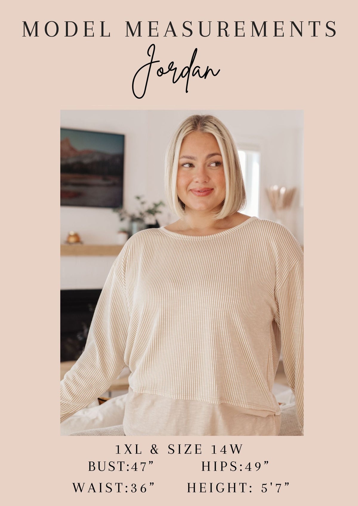 Beige oversized pullover sweatshirt with dropped shoulders and ribbed cuffs worn by a blonde woman indoors.