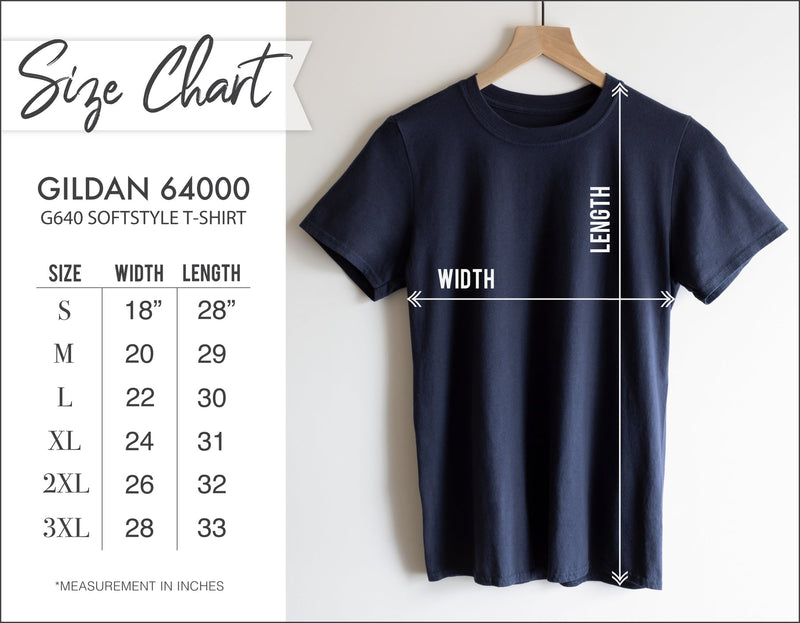 Navy blue Gildan 64000 softstyle T-shirt with white size chart showing width and length measurements.