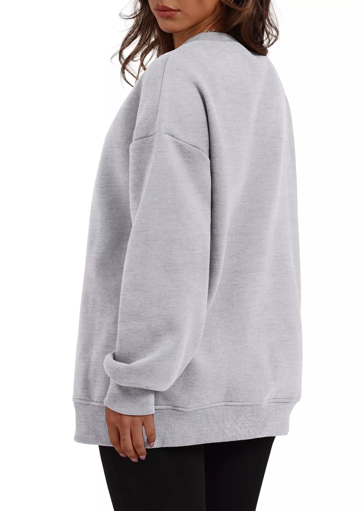 Light gray casual long sleeve sweatshirt with ribbed cuffs and hem, relaxed fit.